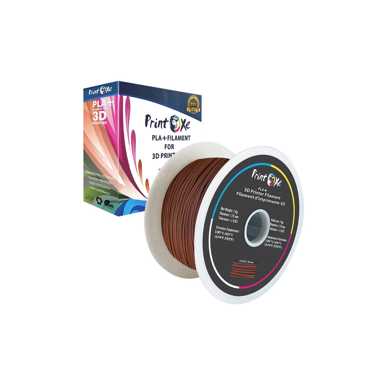 3D PLA+ / Pro PLA brun filament pour imprimantes 3D - 1.75 mm de diamètre - 1 kg net sur bobine précision dimensionnelle +/- 0.03 mm PRINTOXE® marque