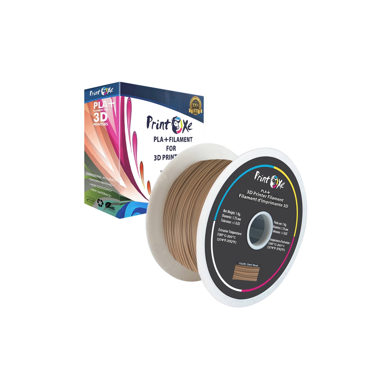 3D PLA+ / Pro PLA couleur bois foncé pour imprimantes 3D - 1.75 mm de diamètre - 1 kg net sur bobine précision dimensionnelle +/- 0.03 mm PRINTOXE®
