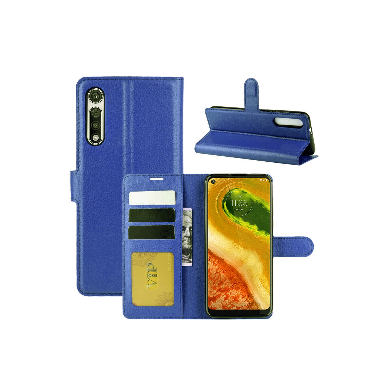 【CSmart】 Magnetic Card Slot Leather Folio Wallet Flip Case Cover for Motorola Moto G Fast 2020, Navy