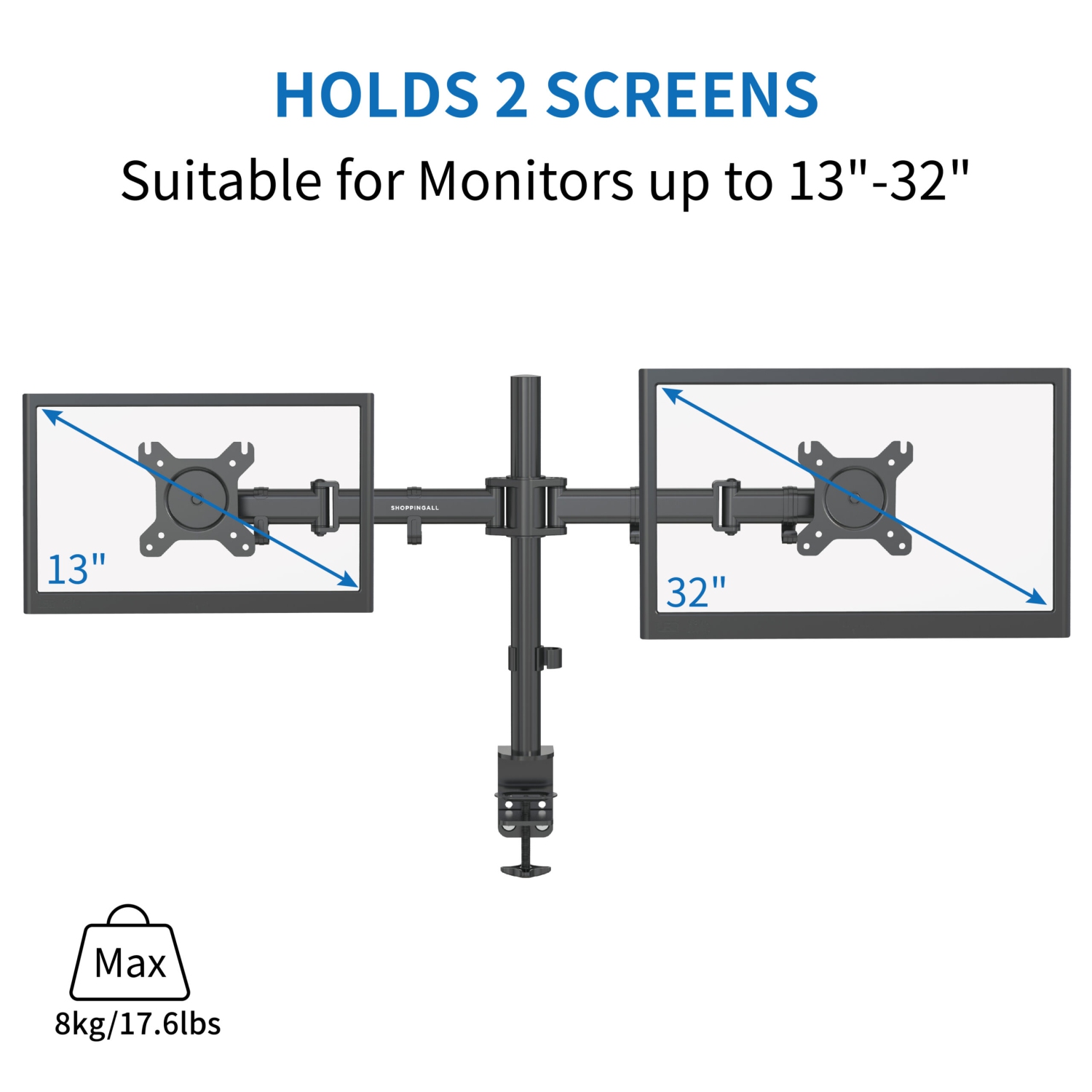 SHOPPINGALL Dual LCD LED Monitor Desk Mount Stand with C-clamp and Grommet Mounting Options | Heavy Duty Fully Adjustable Arms Hold 2 Screens up to