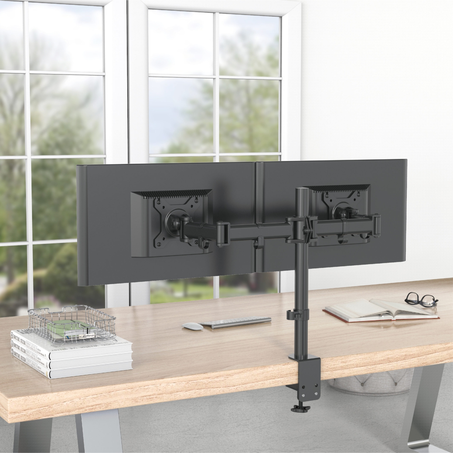 SHOPPINGALL Dual LCD LED Monitor Desk Mount Stand with C-clamp and Grommet Mounting Options | Heavy Duty Fully Adjustable Arms Hold 2 Screens up to