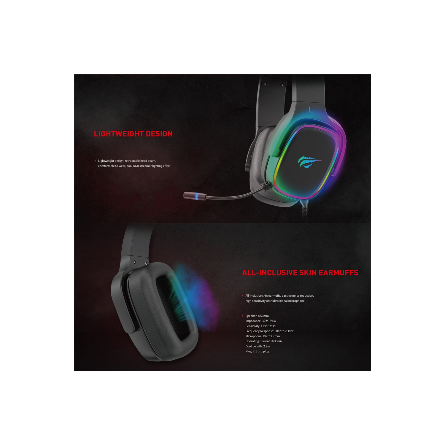 Havit H2029U USB7.1 super 50MM unit speaker, 3D surround stereo sound, LED lighting professional gaming headset_Black