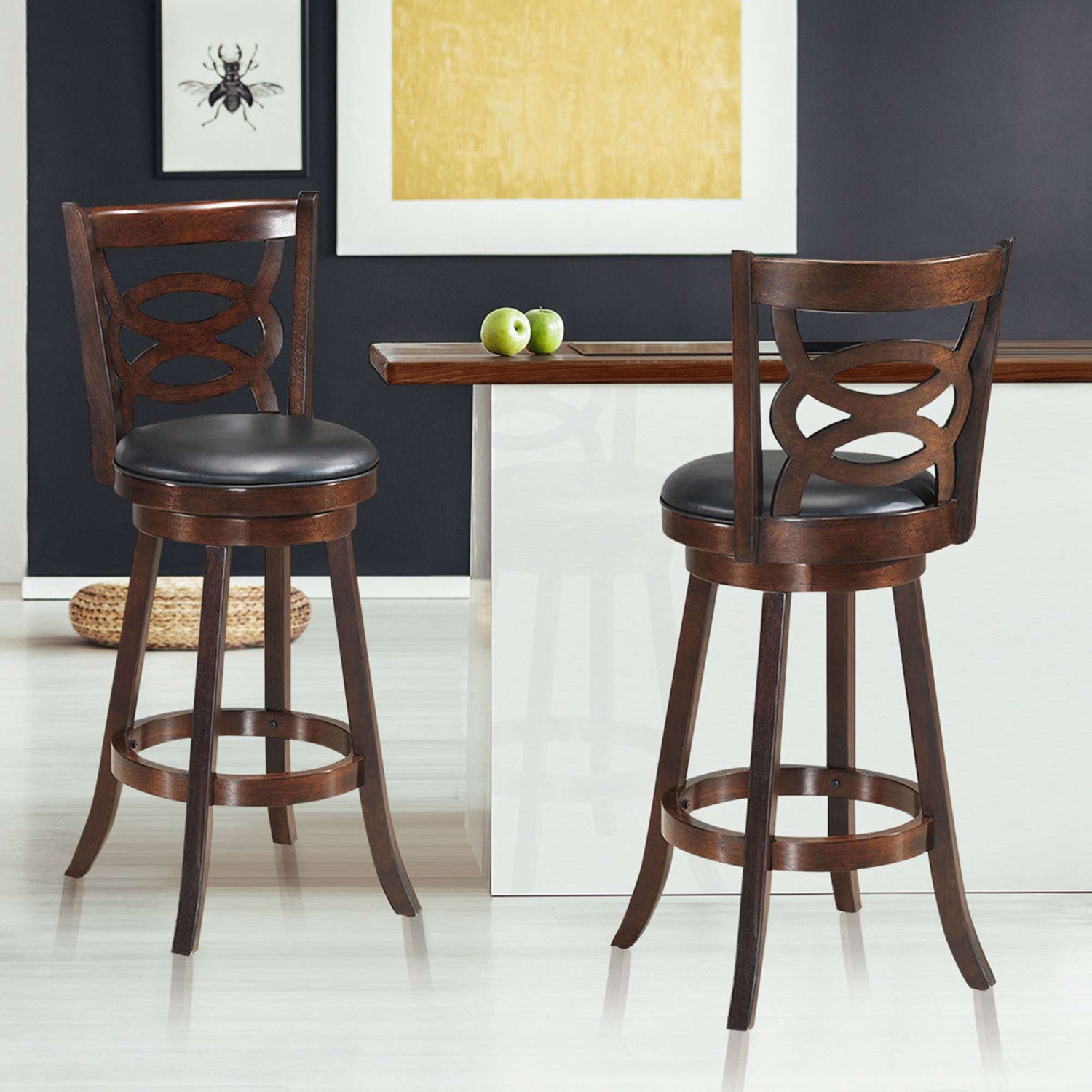 Costway Set of 2 Bar Stools 29'' Height Wooden Swivel Backed Dining Chair Home Kitchen
