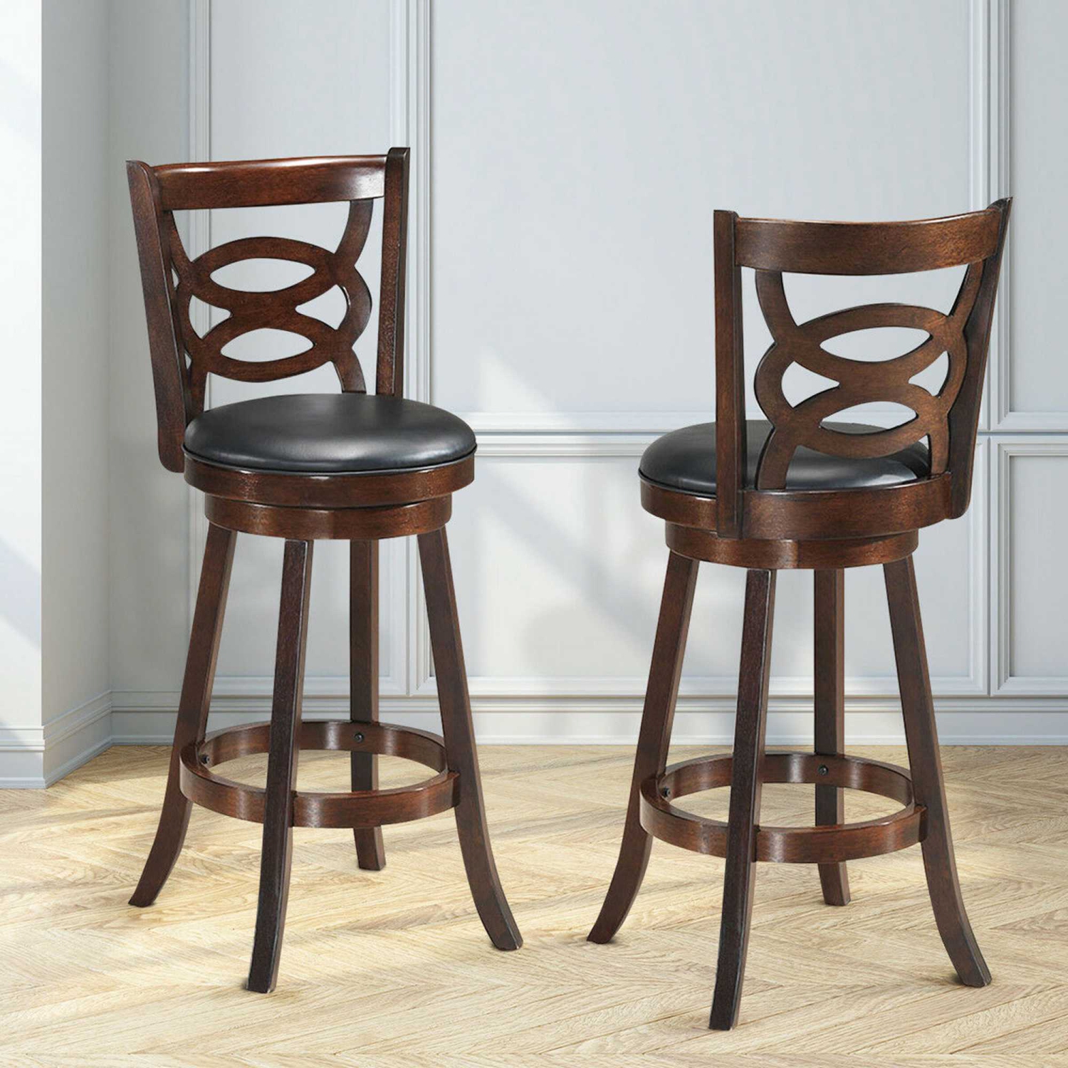 Costway Set of 2 Bar Stools 29'' Height Wooden Swivel Backed Dining Chair Home Kitchen