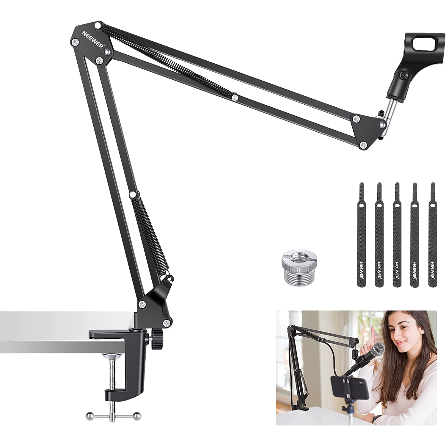 Microphone Arm Stand, Suspension Boom Scissor Mic Arm Stand with 3/8” to 5/8” Screw and Cable Ties Compatible with Blue Yeti, Snowball, Yeti X, Quadcast and Other Mics