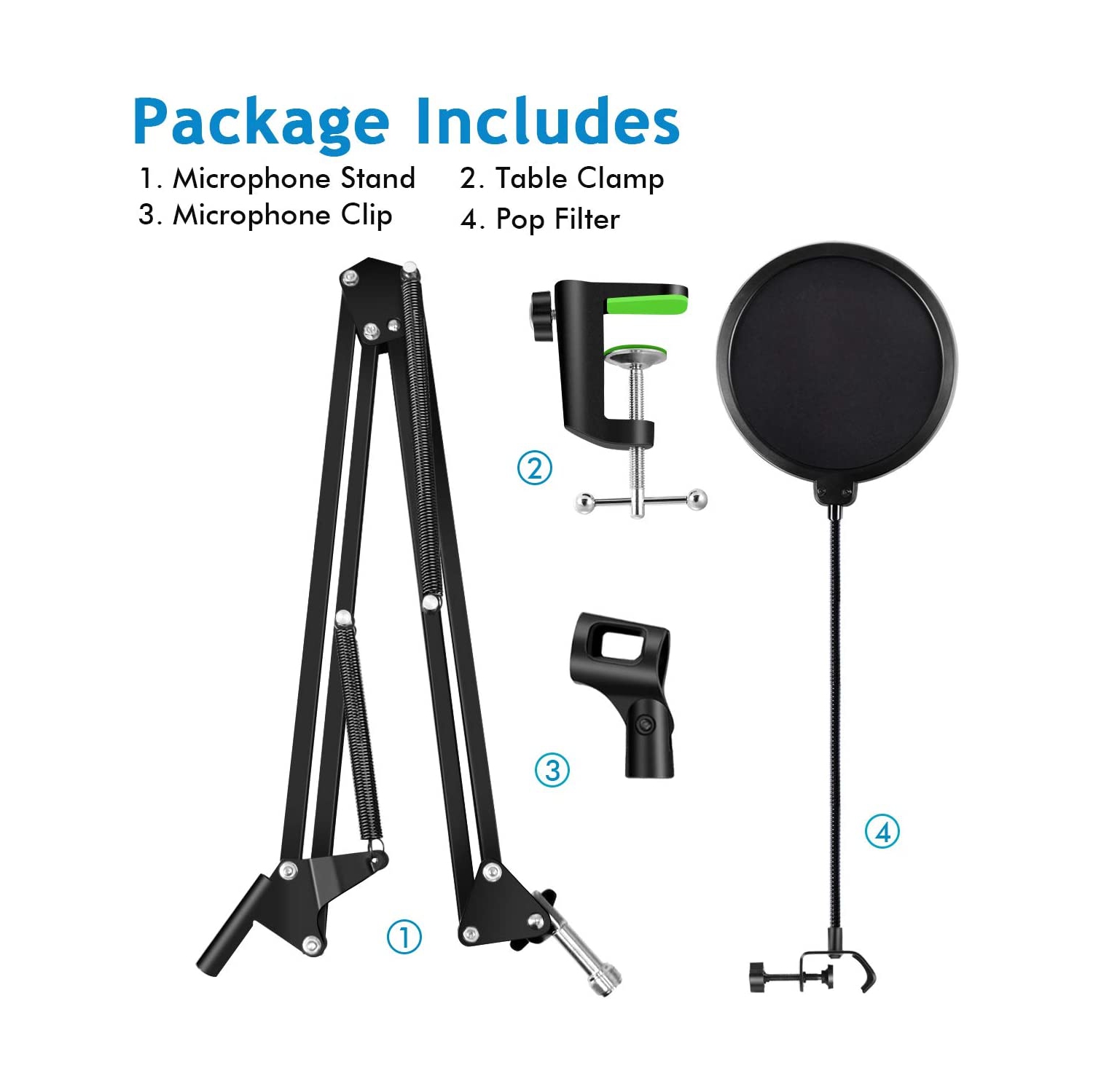 Support de microphone professionnel avec pied à ciseaux et écran anti-vent pour masque anti-vent et microphone à suspension de microphone robuste Pop