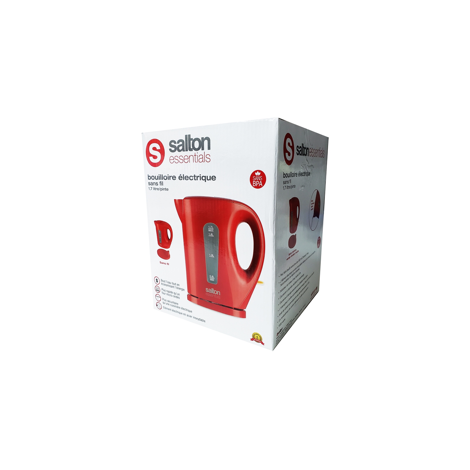 Salton Essentials EJK1821R - Cordless Electric Kettle, 1.7 Liter Capacity, Red