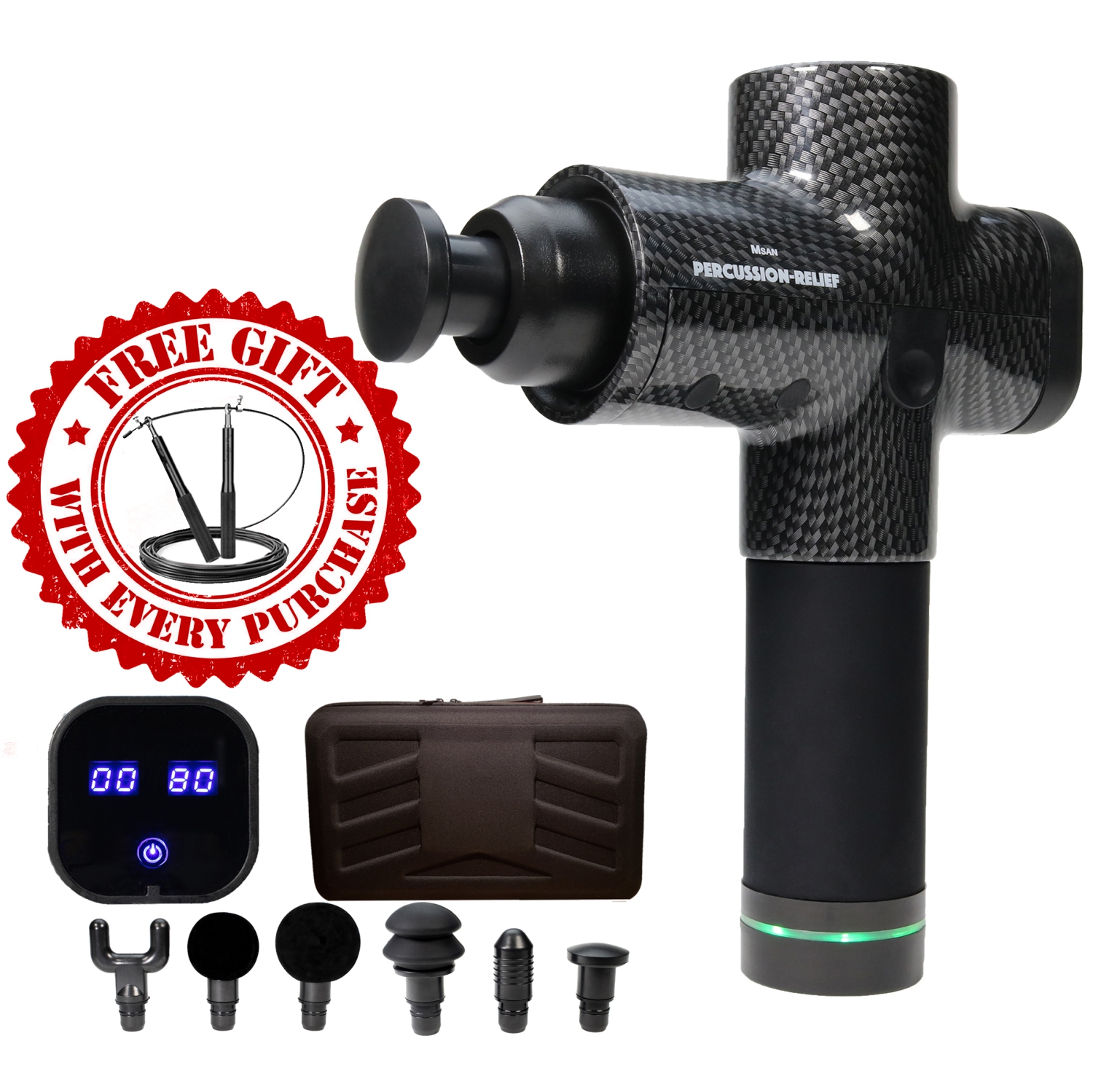 MSAN Solutions Professional Handheld Cordless Rechargeable Deep Tissue Percussion-Relief Massage Gun | 6 Speeds & 6 Heads | Carrying Case | Carbon Black Pattern | FREE GIFT: Skipping Rope ($30 Value)