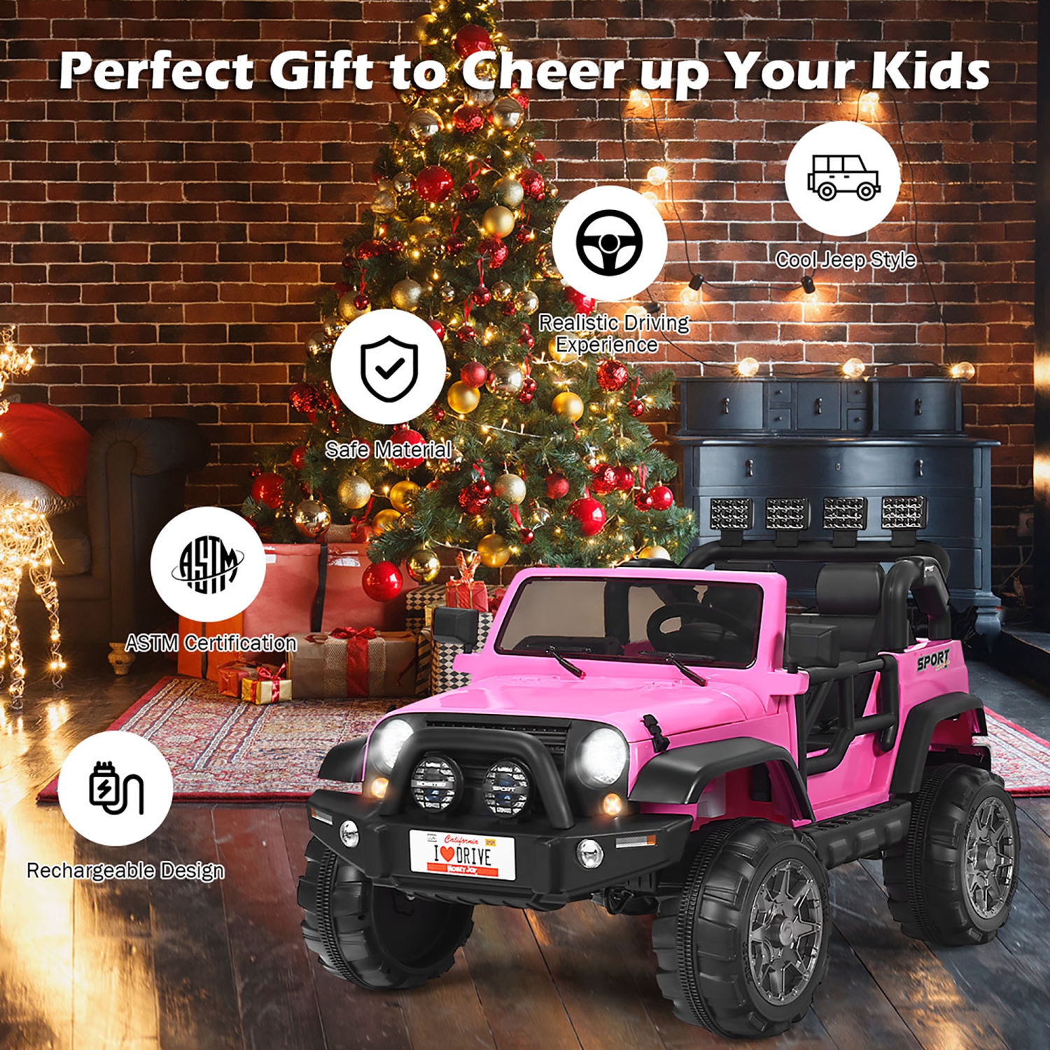 Costway 12V Kids Ride On Car 2 Seater Truck RC Electric Vehicles w/ Storage Room Pink