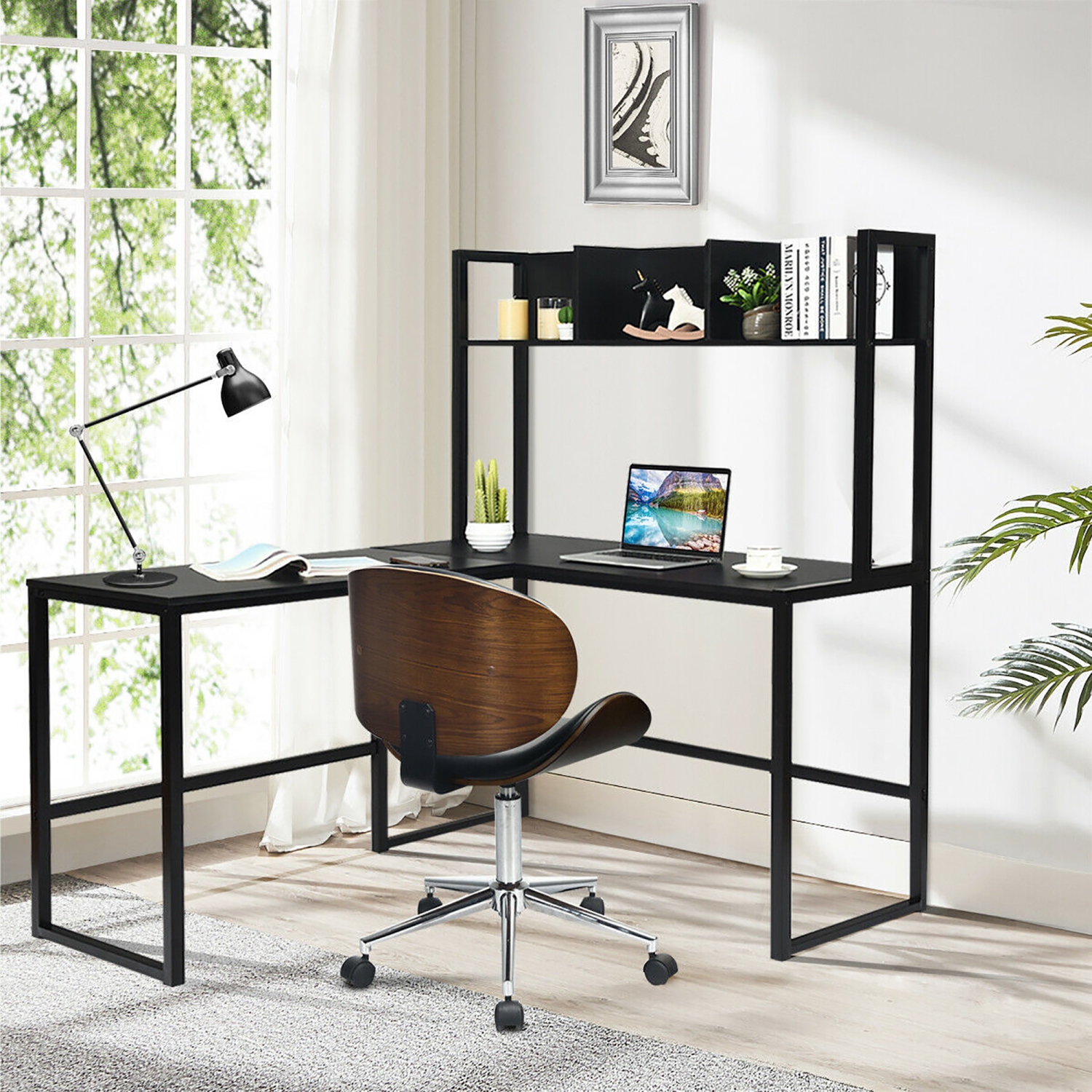 Costway 55'' L-Shaped Desk Corner Computer Desk w/Hutch Black
