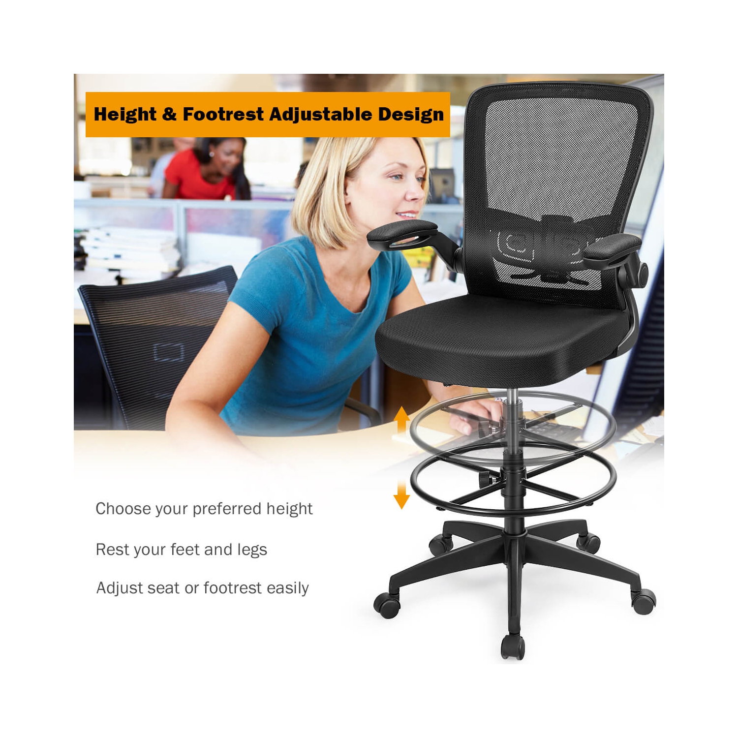 Costway Tall Office Chair Adjustable Height w/Lumbar Support Flip Up Arms