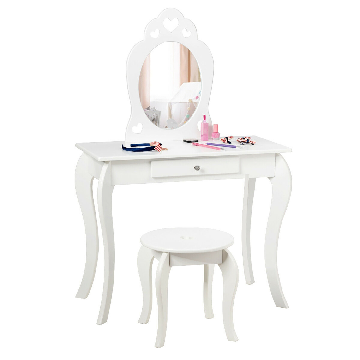 Costway Kids Vanity Set Princess Makeup Dressing Play Table Set W/Mirror