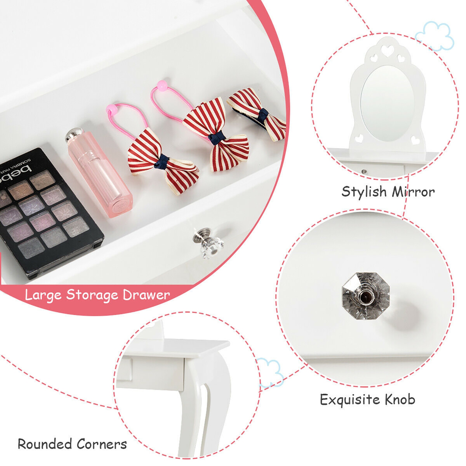 Costway Kids Vanity Set Princess Makeup Dressing Play Table Set W/Mirror