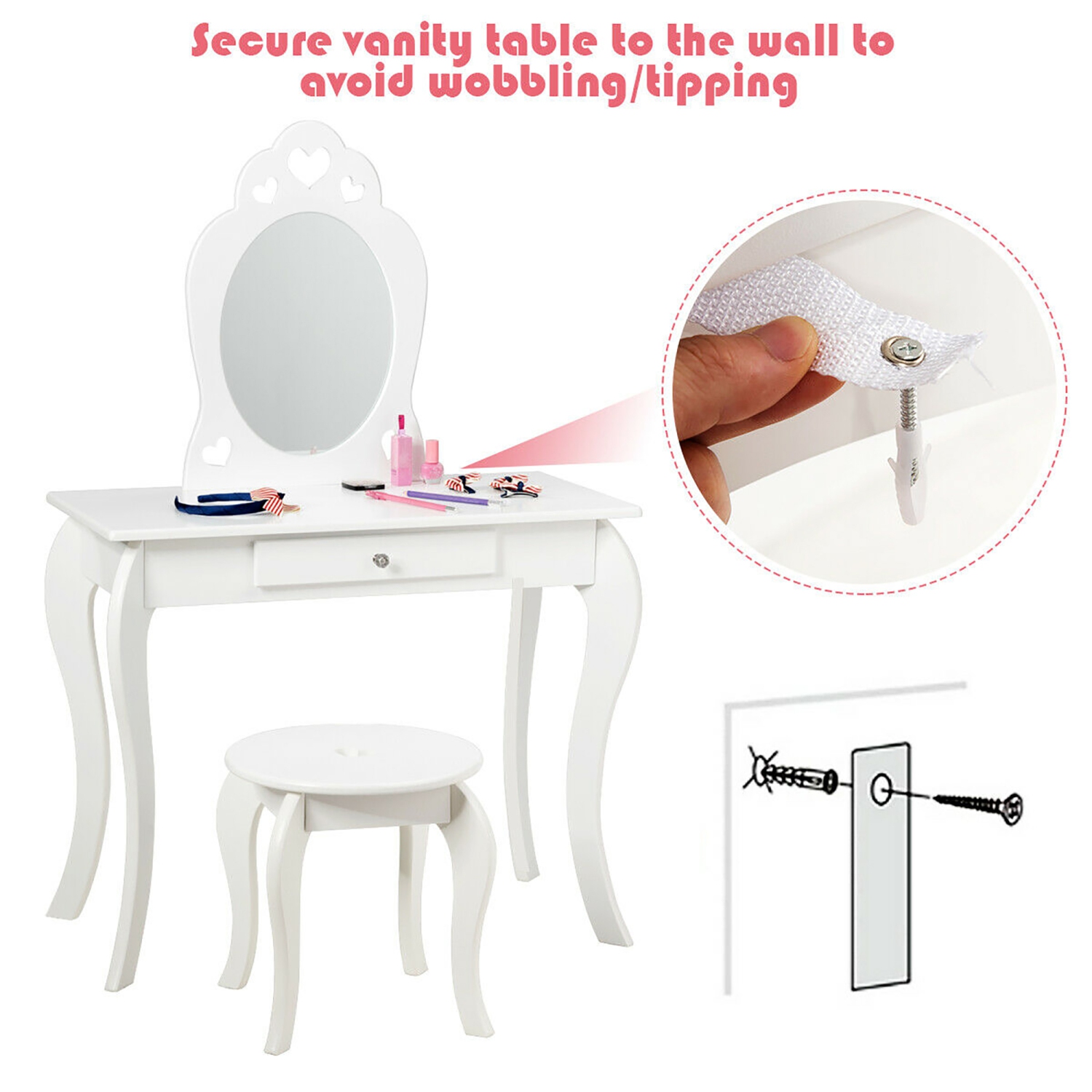 Costway Kids Vanity Set Princess Makeup Dressing Play Table Set W/Mirror