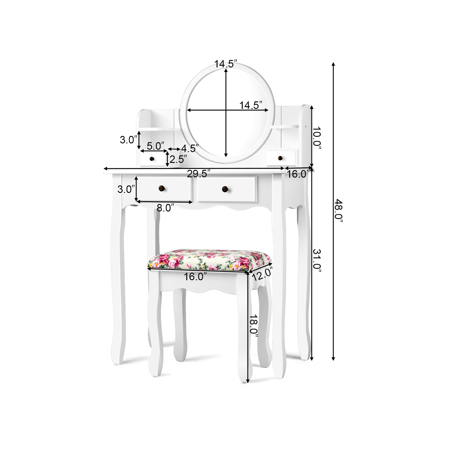 Costway Makeup Vanity Table Set W/Drawers Oval Mirror Girls Dressing Table for Kids Gift