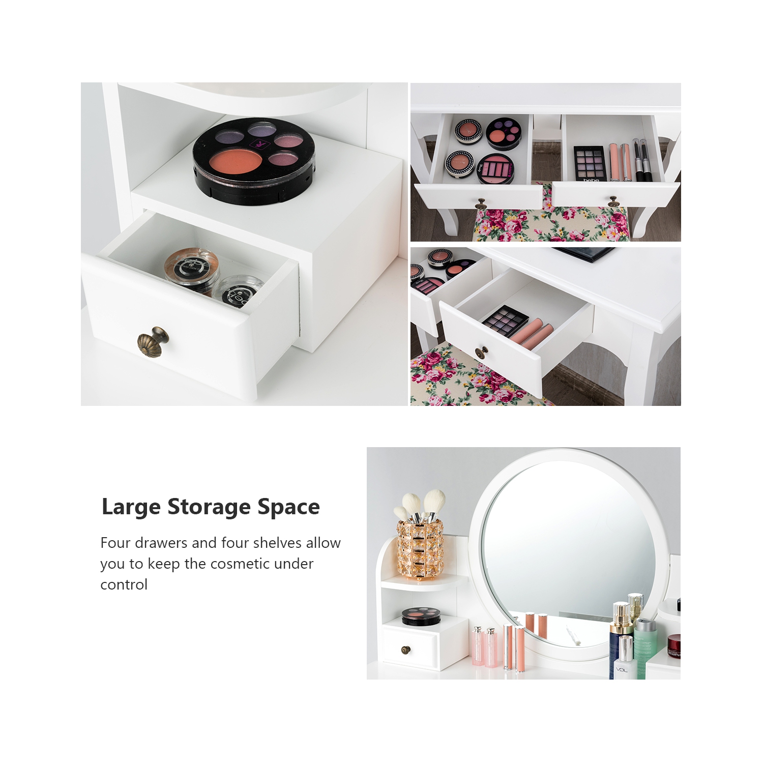 Costway Makeup Vanity Table Set W/Drawers Oval Mirror Girls Dressing Table for Kids Gift