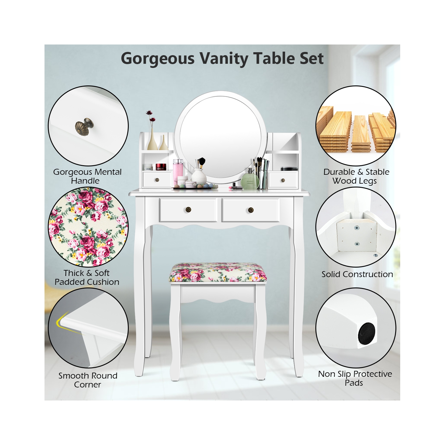 Costway Makeup Vanity Table Set W/Drawers Oval Mirror Girls Dressing Table for Kids Gift