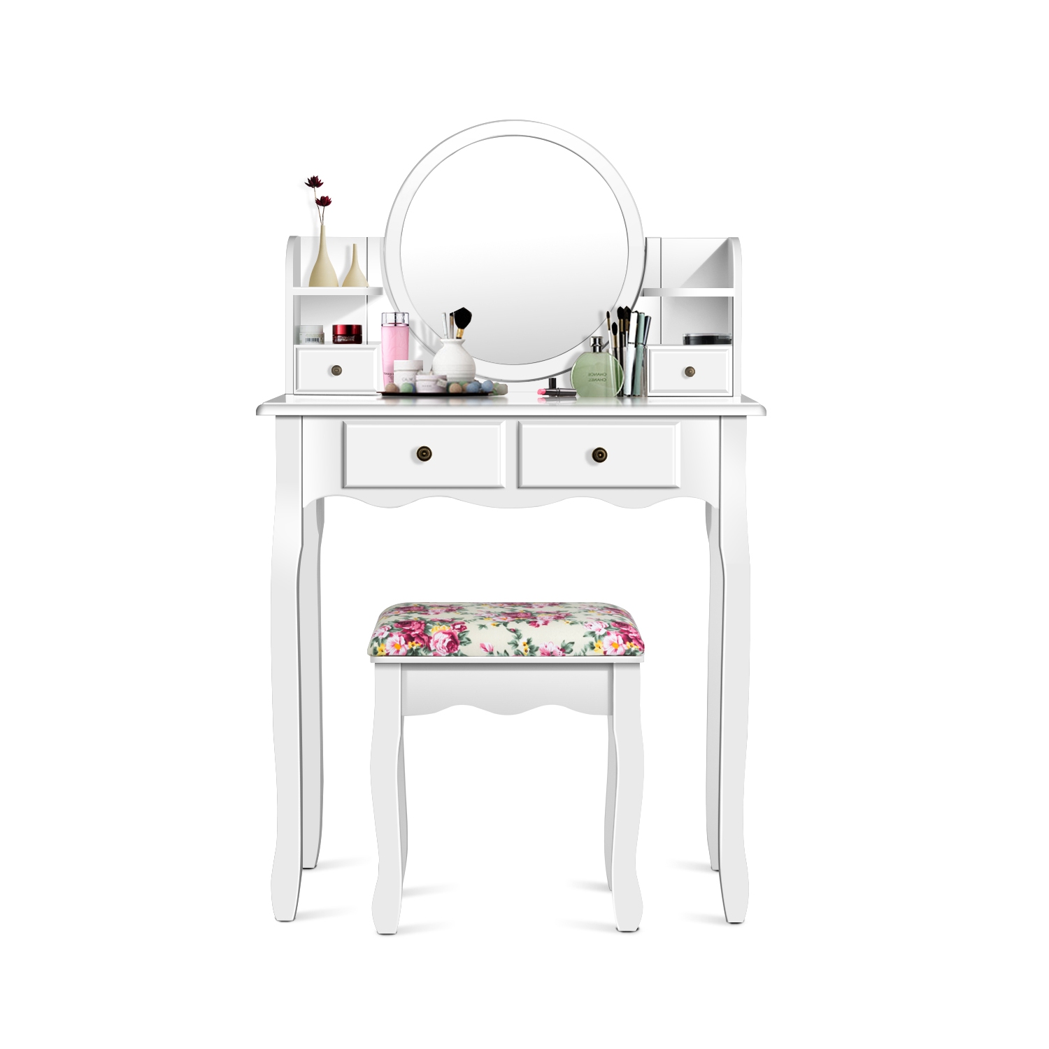 Costway Makeup Vanity Table Set W/Drawers Oval Mirror Girls Dressing Table for Kids Gift