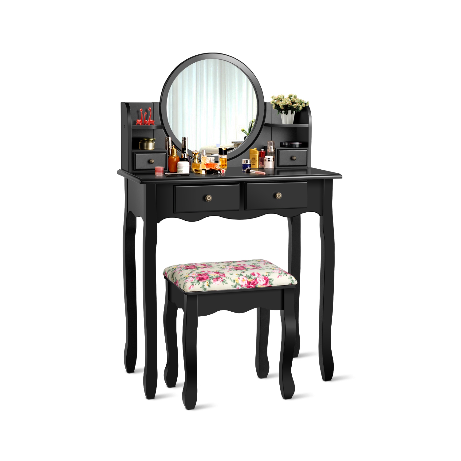 Costway Makeup Vanity Table Set W/Drawers Oval Mirror Girls Dressing Table for Kids Gift