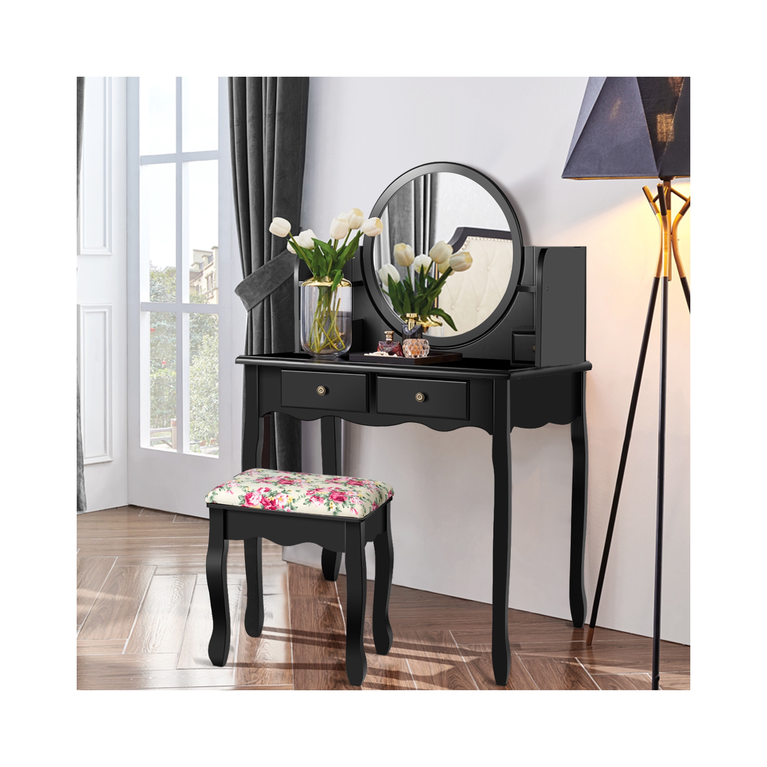 Costway Makeup Vanity Table Set W/Drawers Oval Mirror Girls Dressing Table for Kids Gift