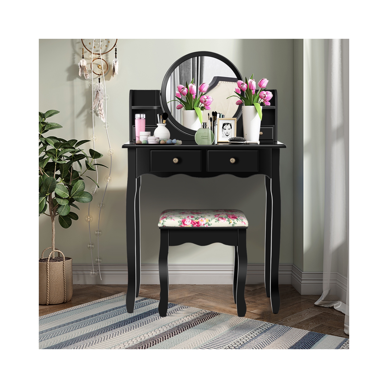 Costway Makeup Vanity Table Set W/Drawers Oval Mirror Girls Dressing Table for Kids Gift