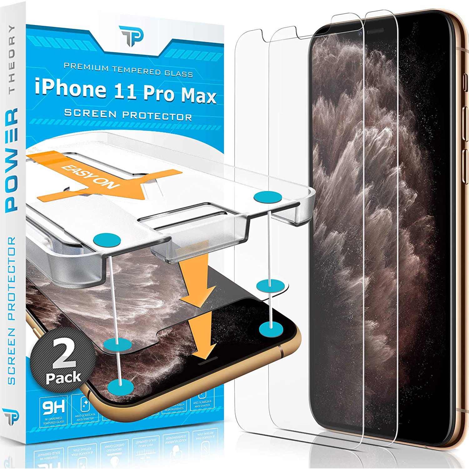 Power Theory iPhone 11 Pro Max Glass Screen Protector [2-Pack] with Easy Install Kit [Premium Tempered Glass]