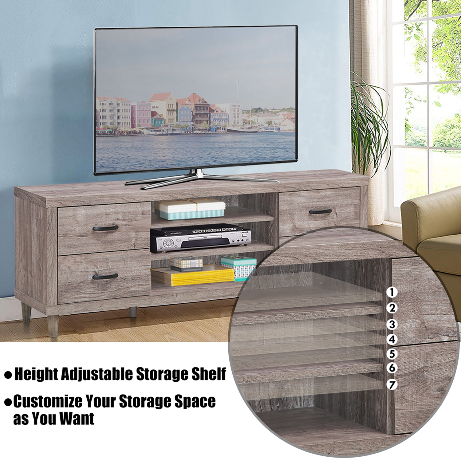 Costway TV Stand Entertainment Center Hold up to 65'' TV with Storage Shelves & 4 Drawers