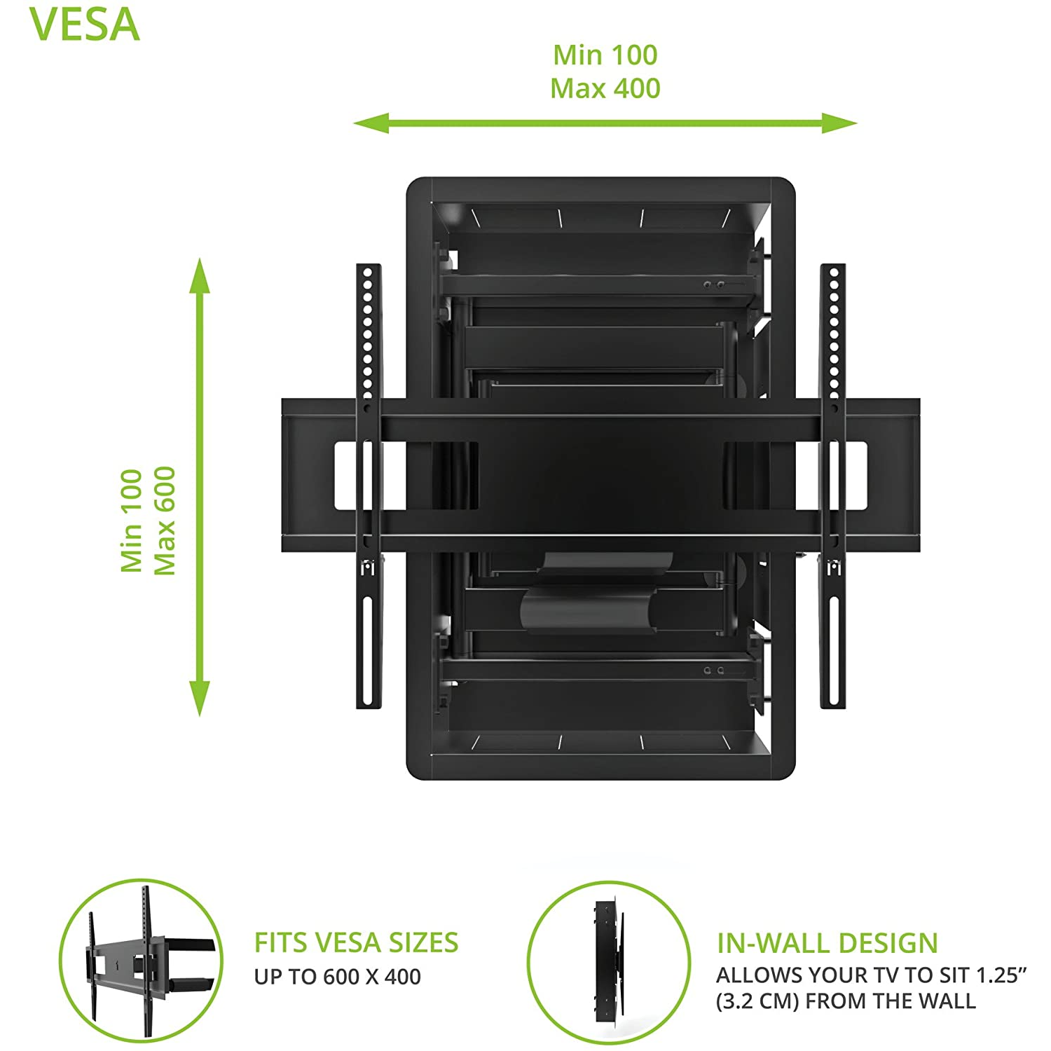 Kanto R500 Recessed In-Wall Low Profile Full Motion TV Mount for 46" - 80" TVs - Extends 27.6"
