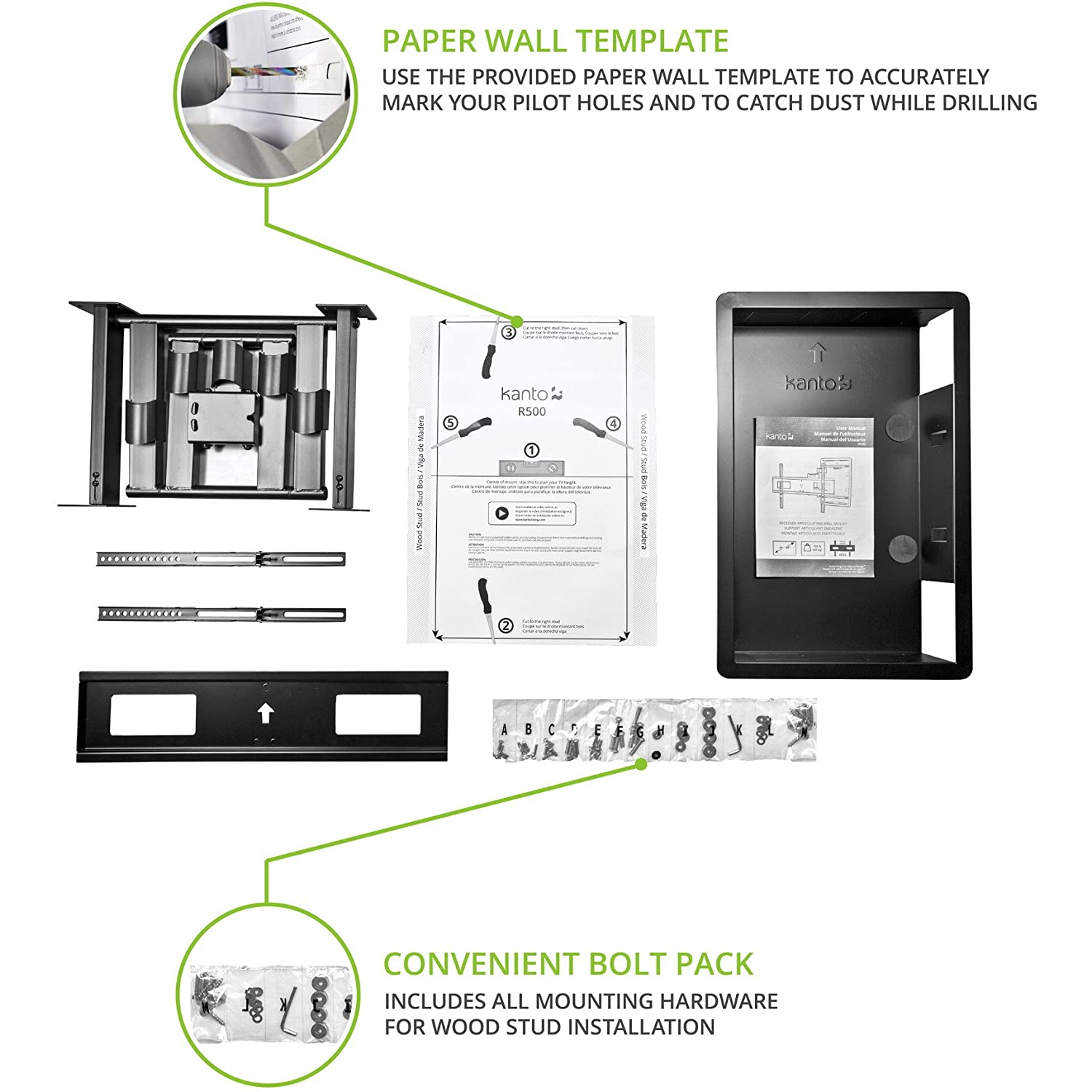 Kanto R500 Recessed In-Wall Low Profile Full Motion TV Mount for 46" - 80" TVs - Extends 27.6"