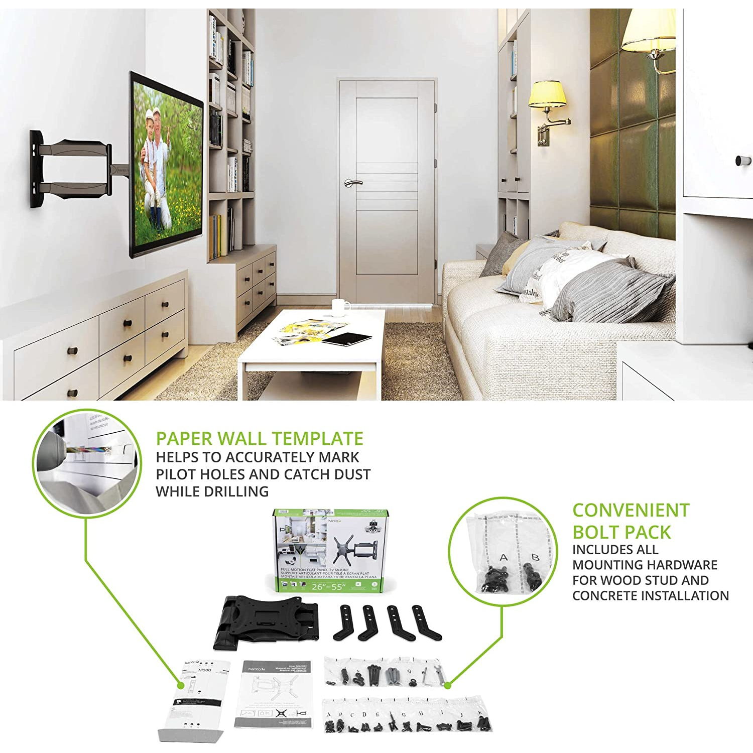 Kanto M300 Full Motion TV Wall Mount for 26" - 55" TVs - Black