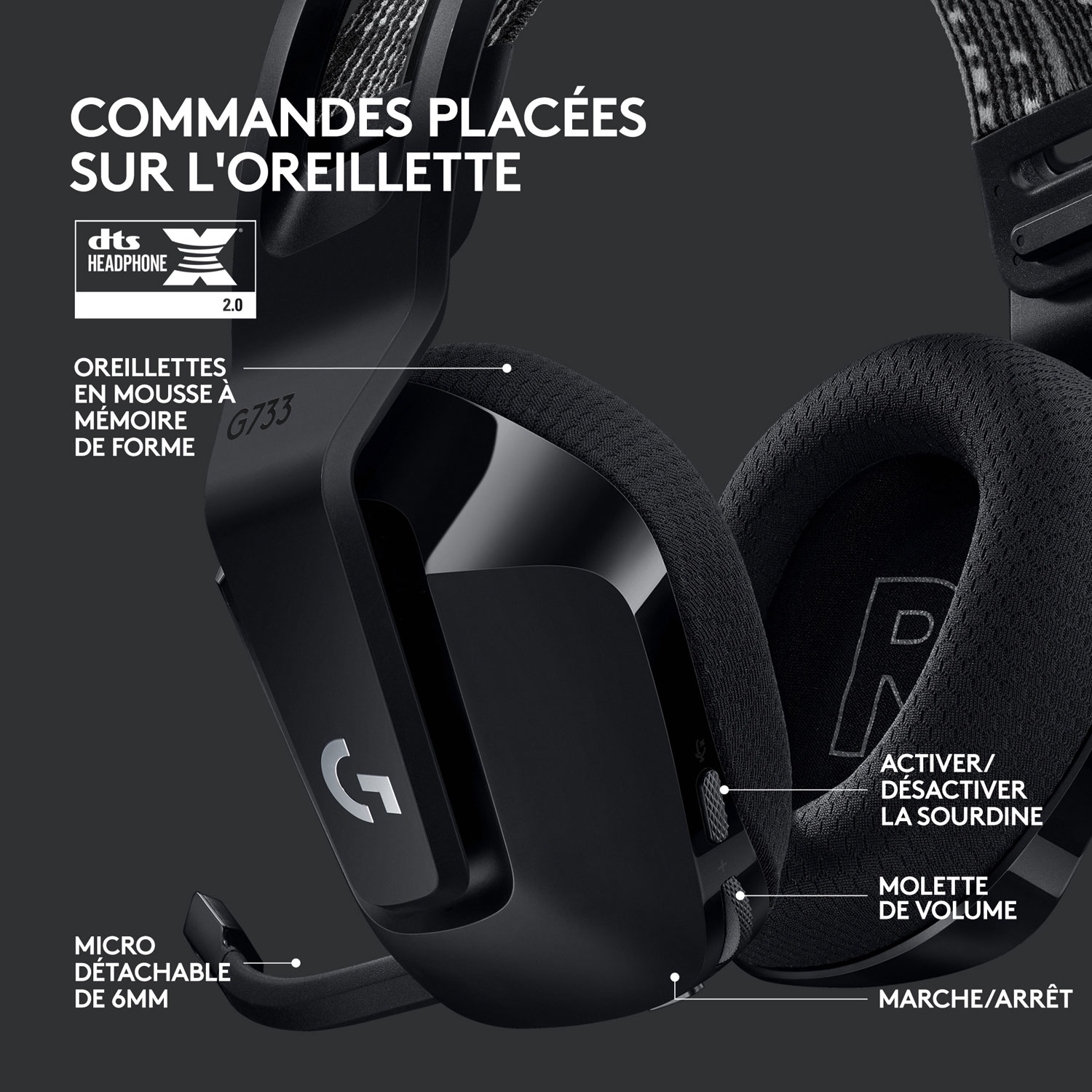 Casque de jeu sans fil RVB LIGHTSPEED G733 de Logitech - Noir