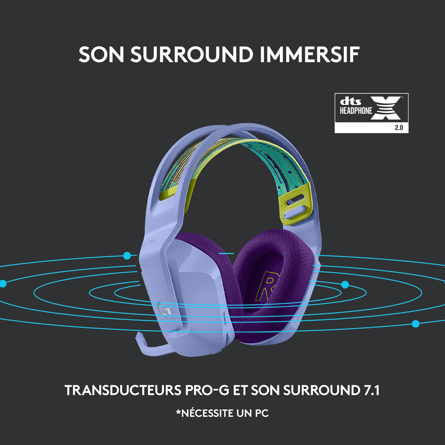 Casque de jeu sans fil RVB LIGHTSPEED G733 de Logitech - Lilas