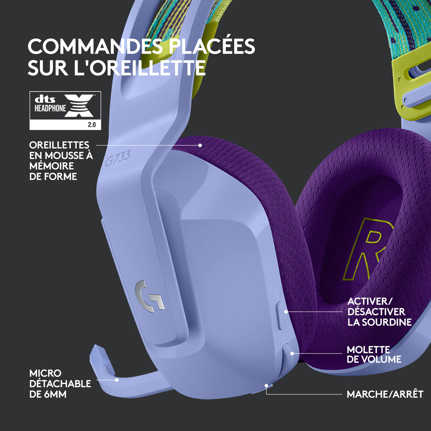 Casque de jeu sans fil RVB LIGHTSPEED G733 de Logitech - Lilas