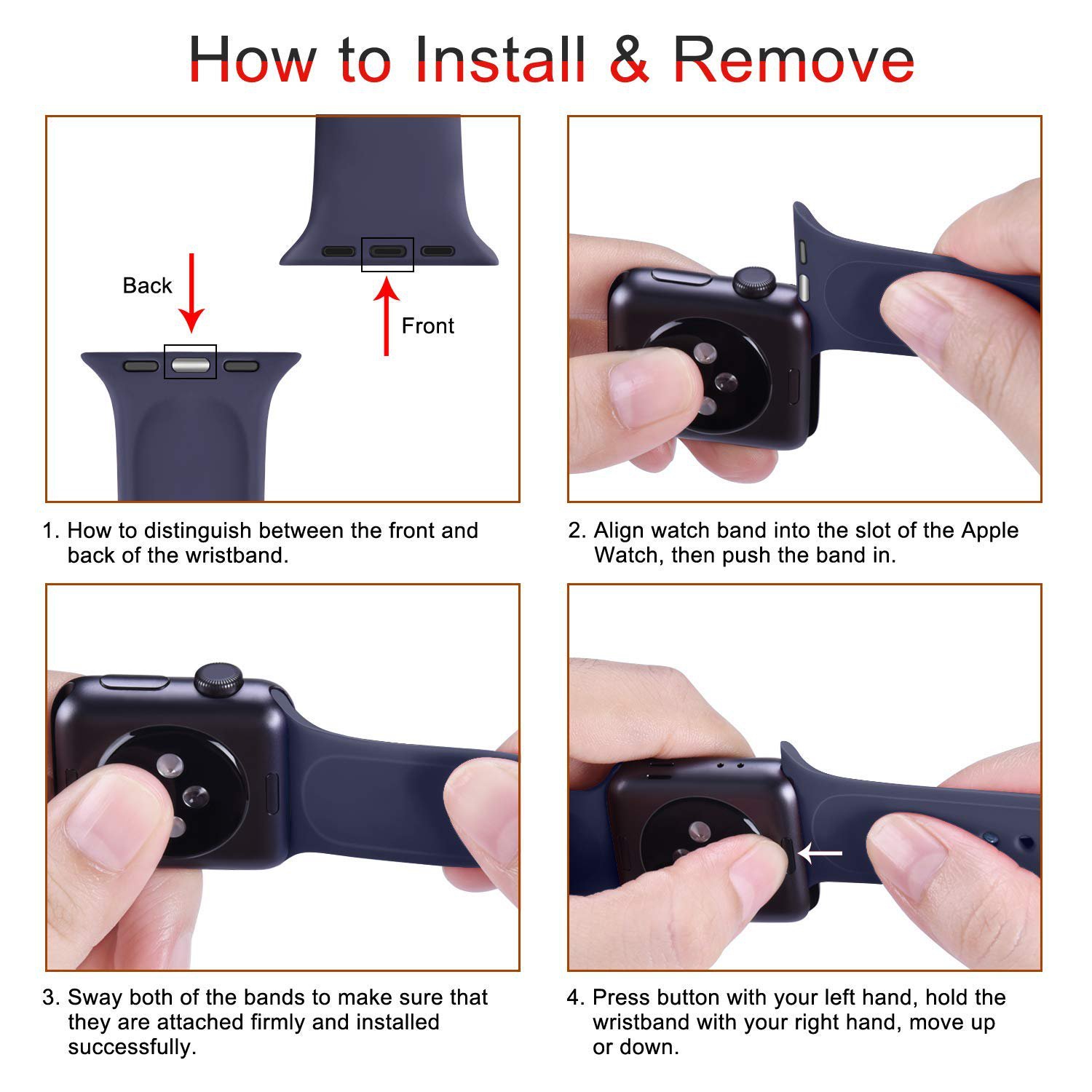 Bracelet de rechange en silicone pour Apple Watch iWatch Series 1 à 10 SE Ultra, 42&nbsp;mm 41&nbsp;mm 40&nbsp;mm de 38&nbsp;mm, noir minuit