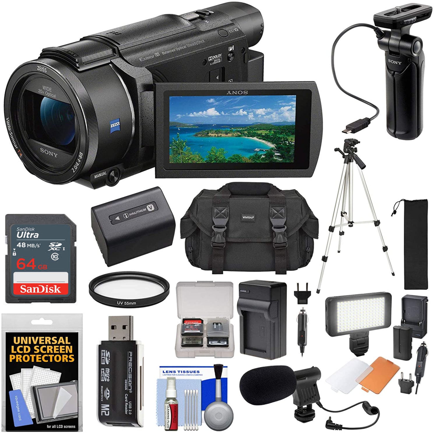 Sony FDR-AX53 4K Ultra HD Handycam Camcorder & GP-VPT1 Grip | 64GB Card |Tripod | Battery & Charger | LED Light | Mic | Case K - US Version w/ Seller Warranty