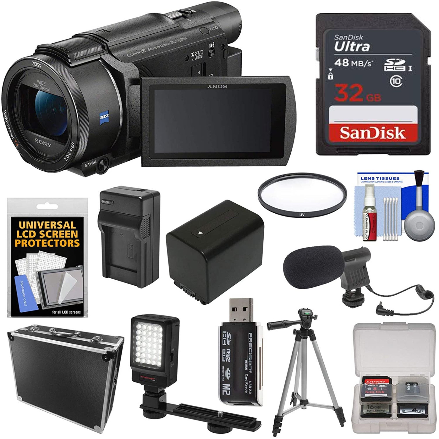Sony FDR-AX53 4K Ultra HD Handycam Camcorder with 64GB Card | Battery & Charger | Hard Case | Tripod | LED Light | Microphone - US Version w/ Seller Warranty