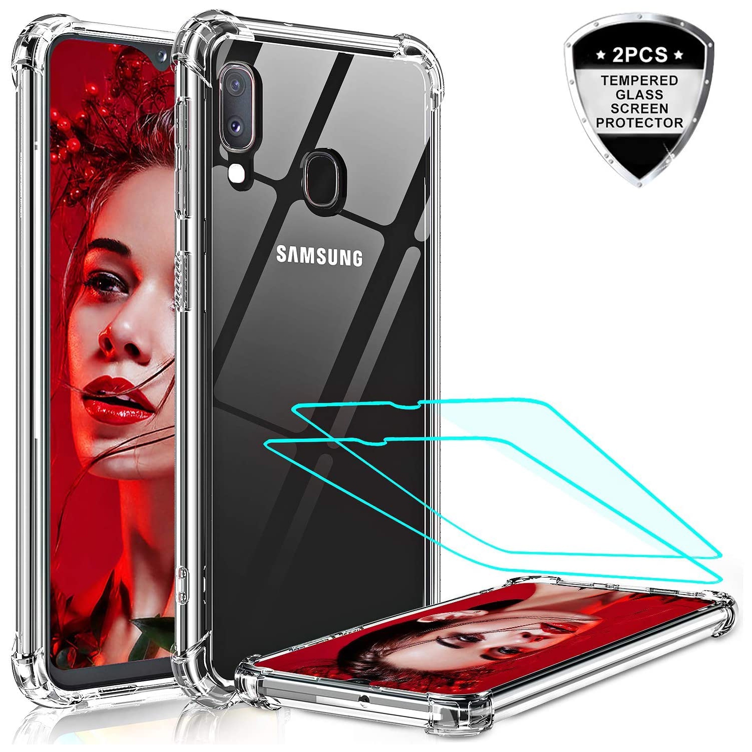 HYFAI Samsung Galaxy A20 A30 Soft TPU Clear Slim AntiSlip/Shock Protective Phone Case + 2X Tempered Glass Screen Protectors