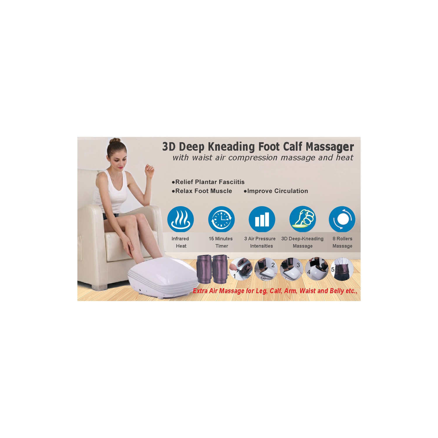 Foot Calf Massager Shiatsu Kneading Electric Massage Machine with Extra Two Massage Wraps for Calf Leg Waist