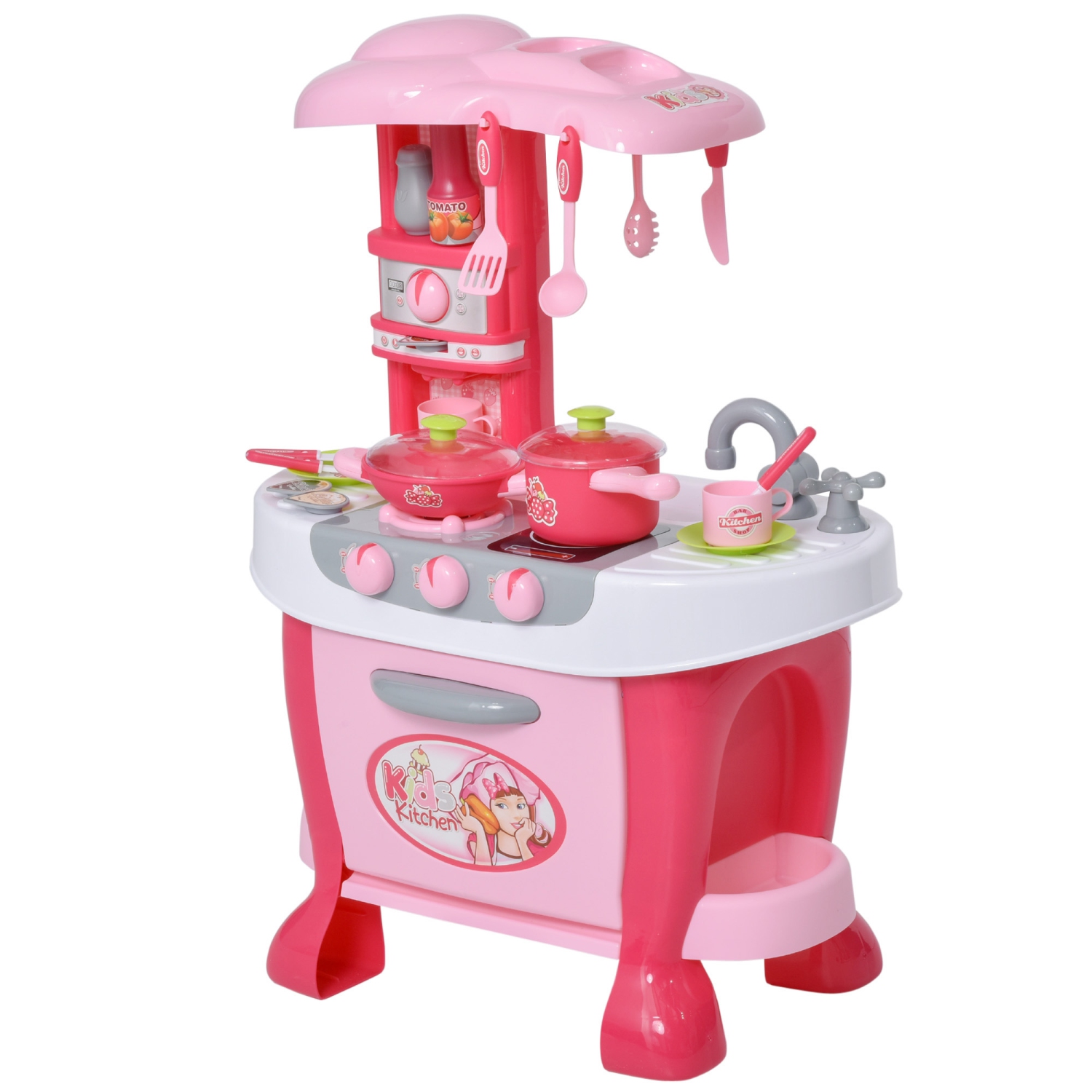 Qaba Kids Kitchen Set Kitchen Playset Pretend Toy Children Role Play Game Toy with Light & Sound Function 38Pcs Toy Accessories - Pink