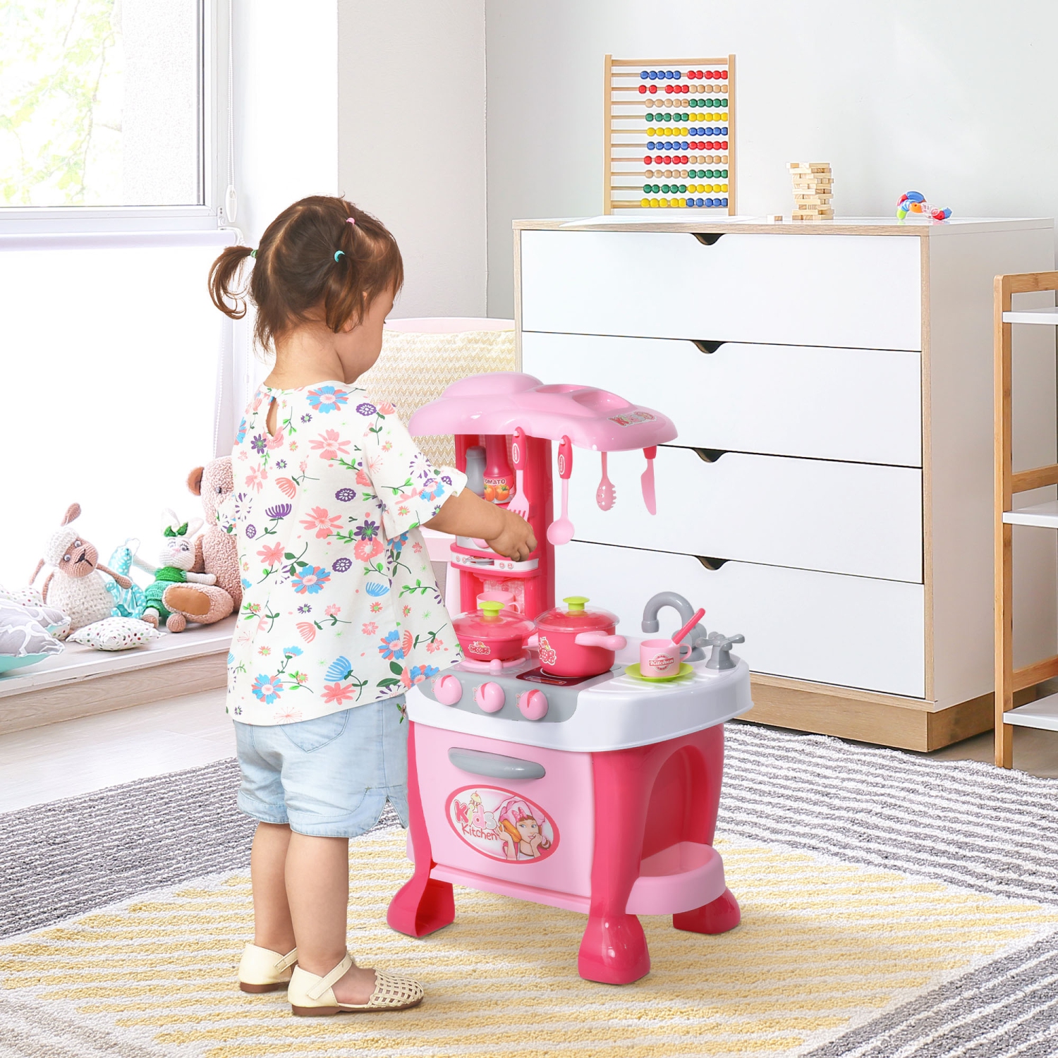 Qaba Kids Kitchen Set Kitchen Playset Pretend Toy Children Role Play Game Toy with Light & Sound Function 38Pcs Toy Accessories - Pink
