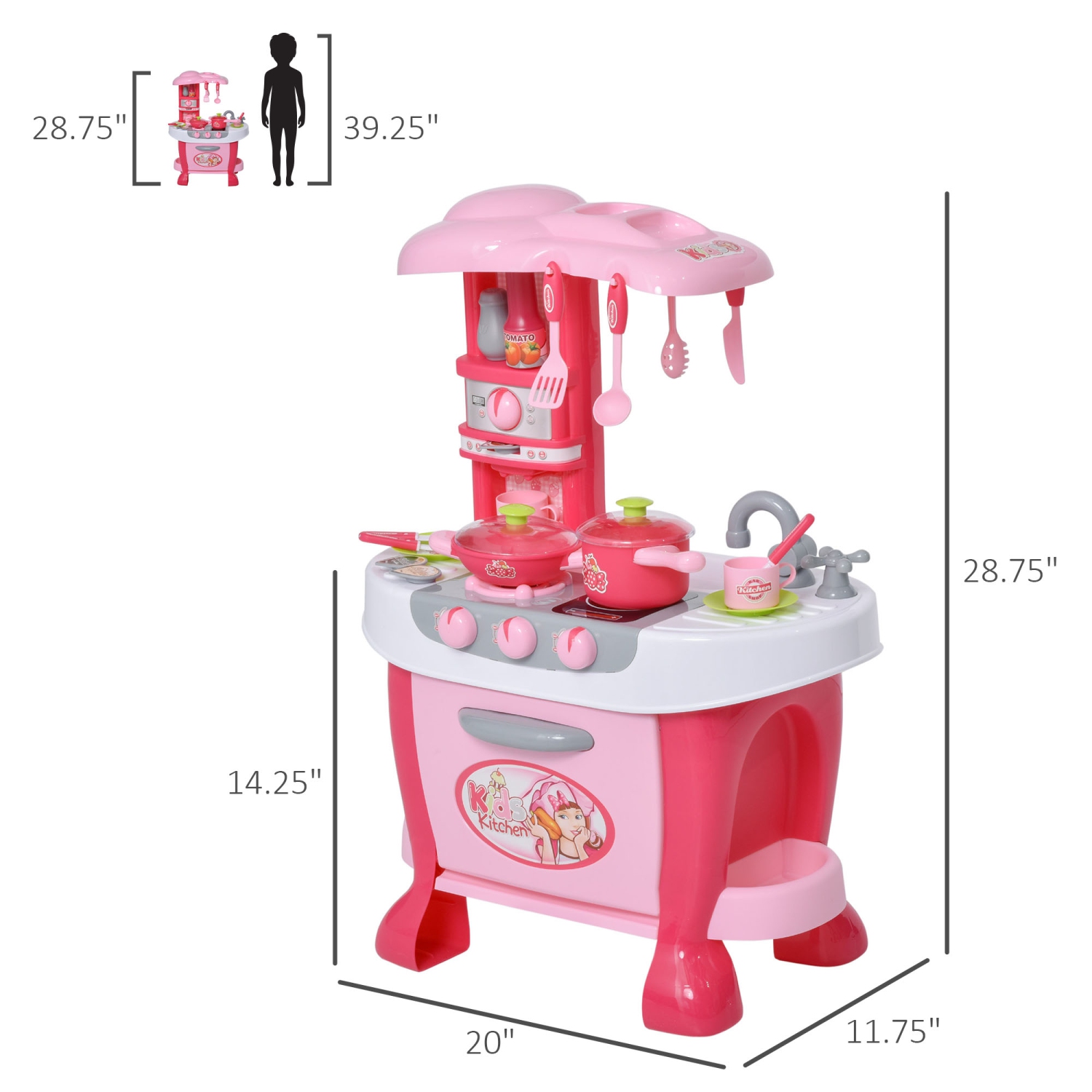Qaba Kids Kitchen Set Kitchen Playset Pretend Toy Children Role Play Game Toy with Light & Sound Function 38Pcs Toy Accessories - Pink