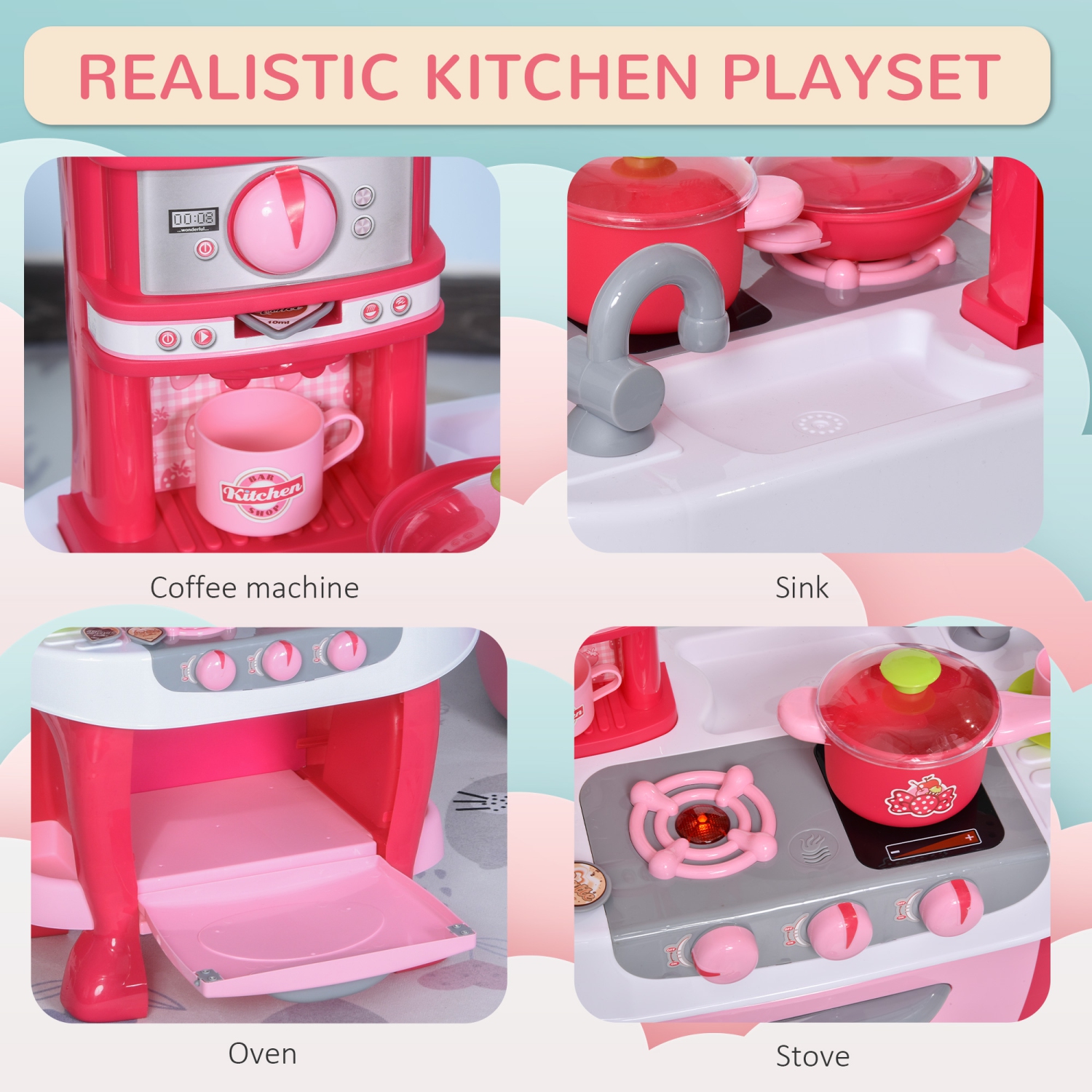Qaba Kids Kitchen Set Kitchen Playset Pretend Toy Children Role Play Game Toy with Light & Sound Function 38Pcs Toy Accessories - Pink