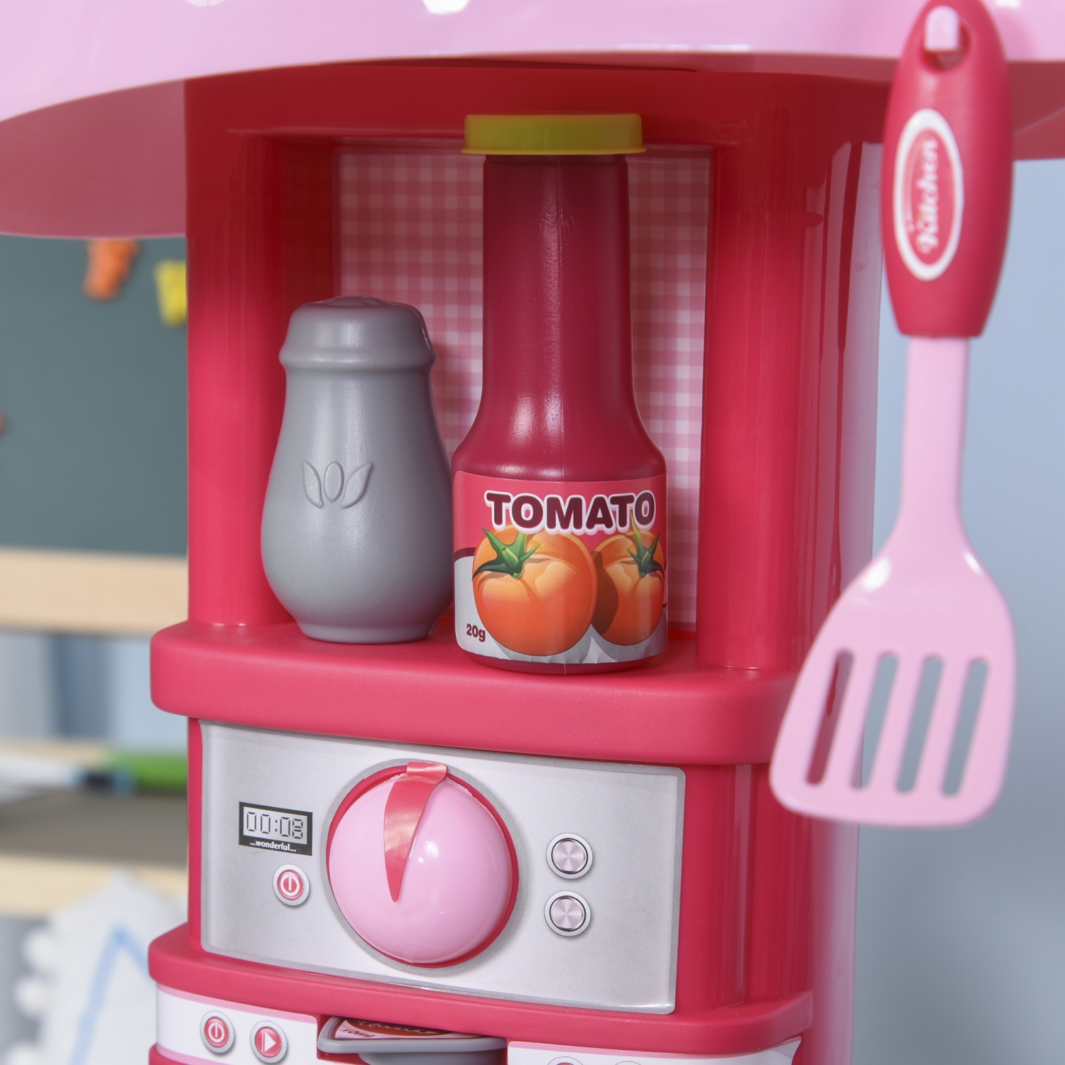 Qaba Kids Kitchen Set Kitchen Playset Pretend Toy Children Role Play Game Toy with Light & Sound Function 38Pcs Toy Accessories - Pink