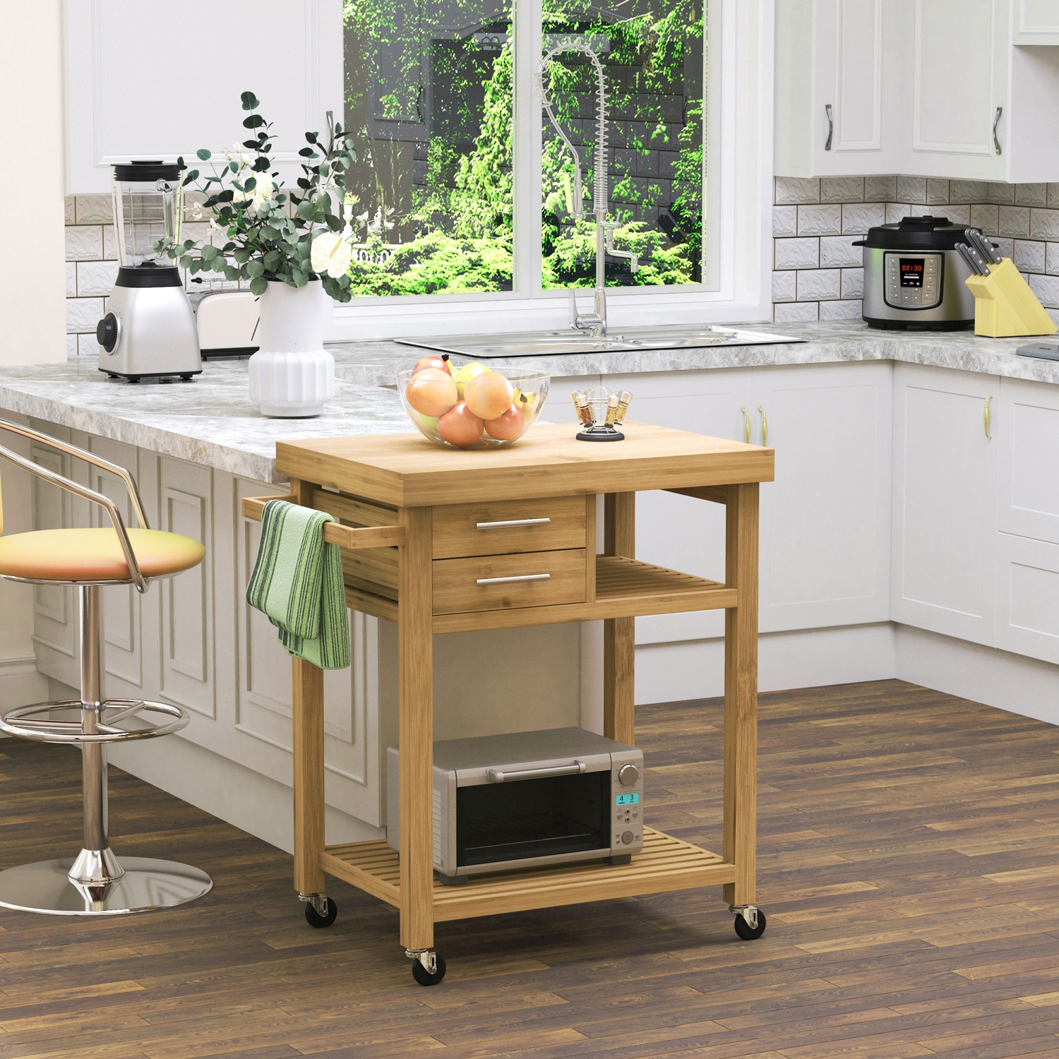 HOMCOM – Chariot à roulettes en bois de bambou pour îlot de cuisine, armoire avec porte-serviettes, 2 tiroir, tablettes pour le salon Kitchken, ton
