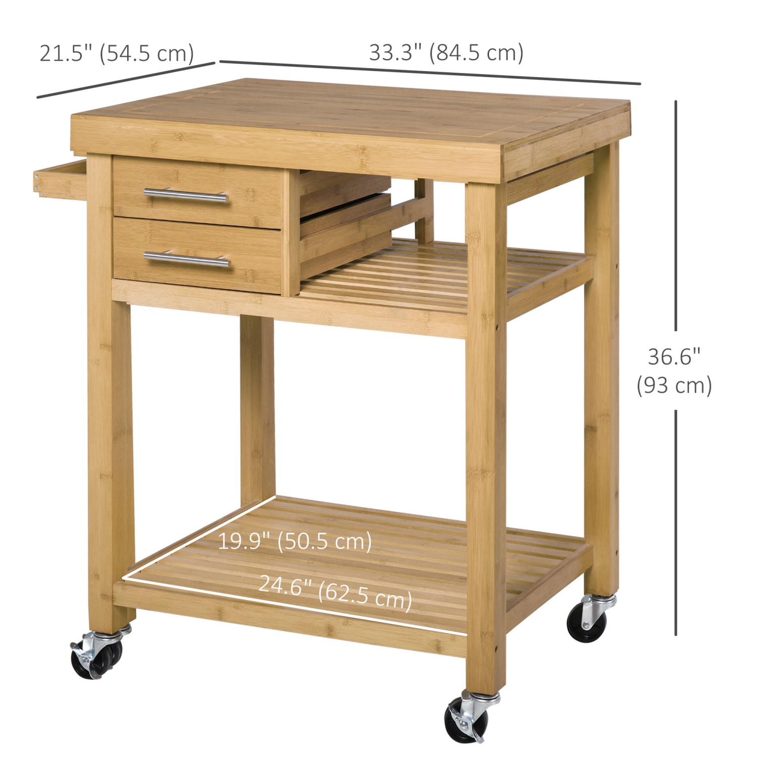HOMCOM – Chariot à roulettes en bois de bambou pour îlot de cuisine, armoire avec porte-serviettes, 2 tiroir, tablettes pour le salon Kitchken, ton