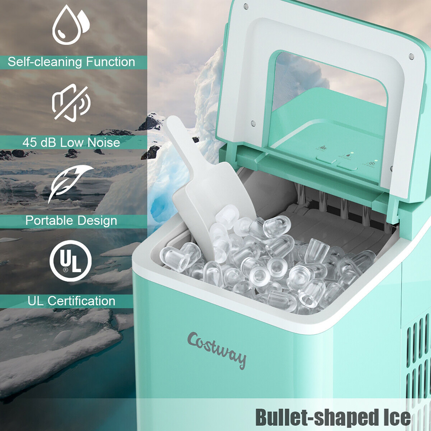 Costway Portable Ice Maker Machine Countertop 26Lbs/24H Self-cleaning w/ Scoop Green