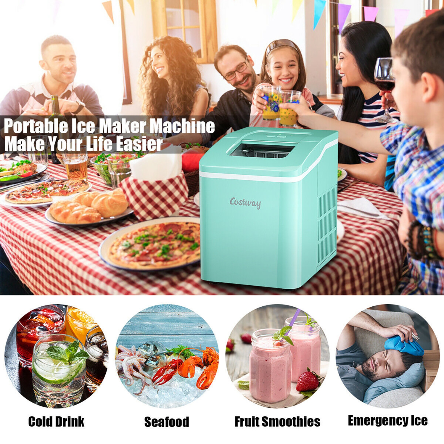 Costway Portable Ice Maker Machine Countertop 26Lbs/24H Self-cleaning w/ Scoop Green