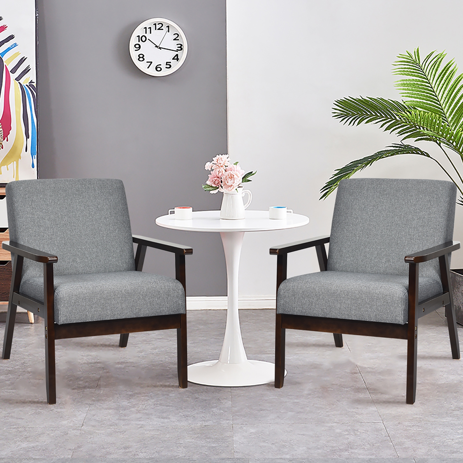 Costway Set of 2 Fabric Accent Armchair Solid Wood Upholstered Lounge Chair