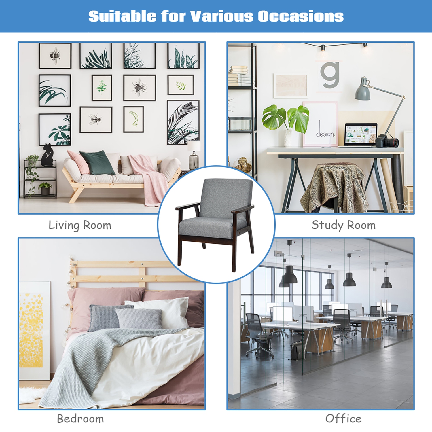 Costway Set of 2 Fabric Accent Armchair Solid Wood Upholstered Lounge Chair