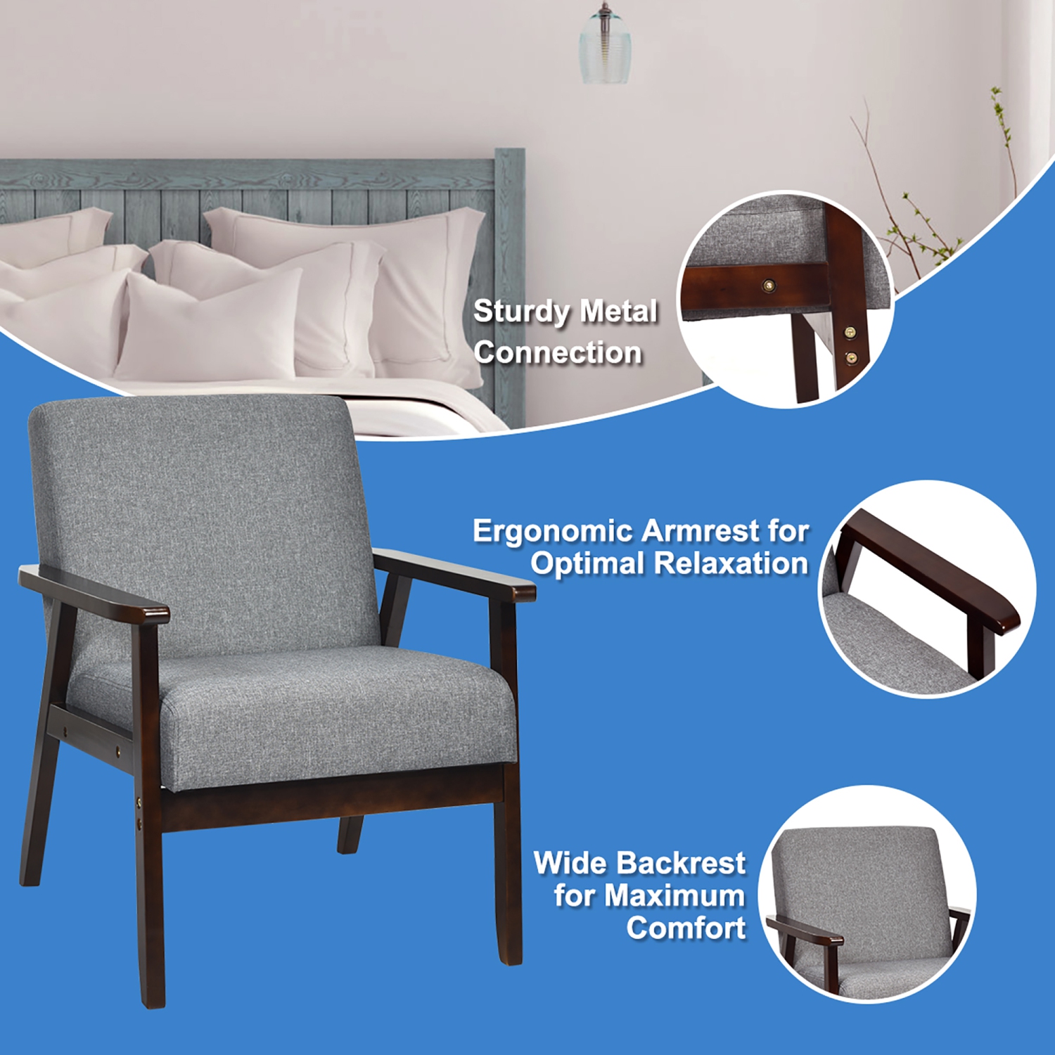 Costway Set of 2 Fabric Accent Armchair Solid Wood Upholstered Lounge Chair